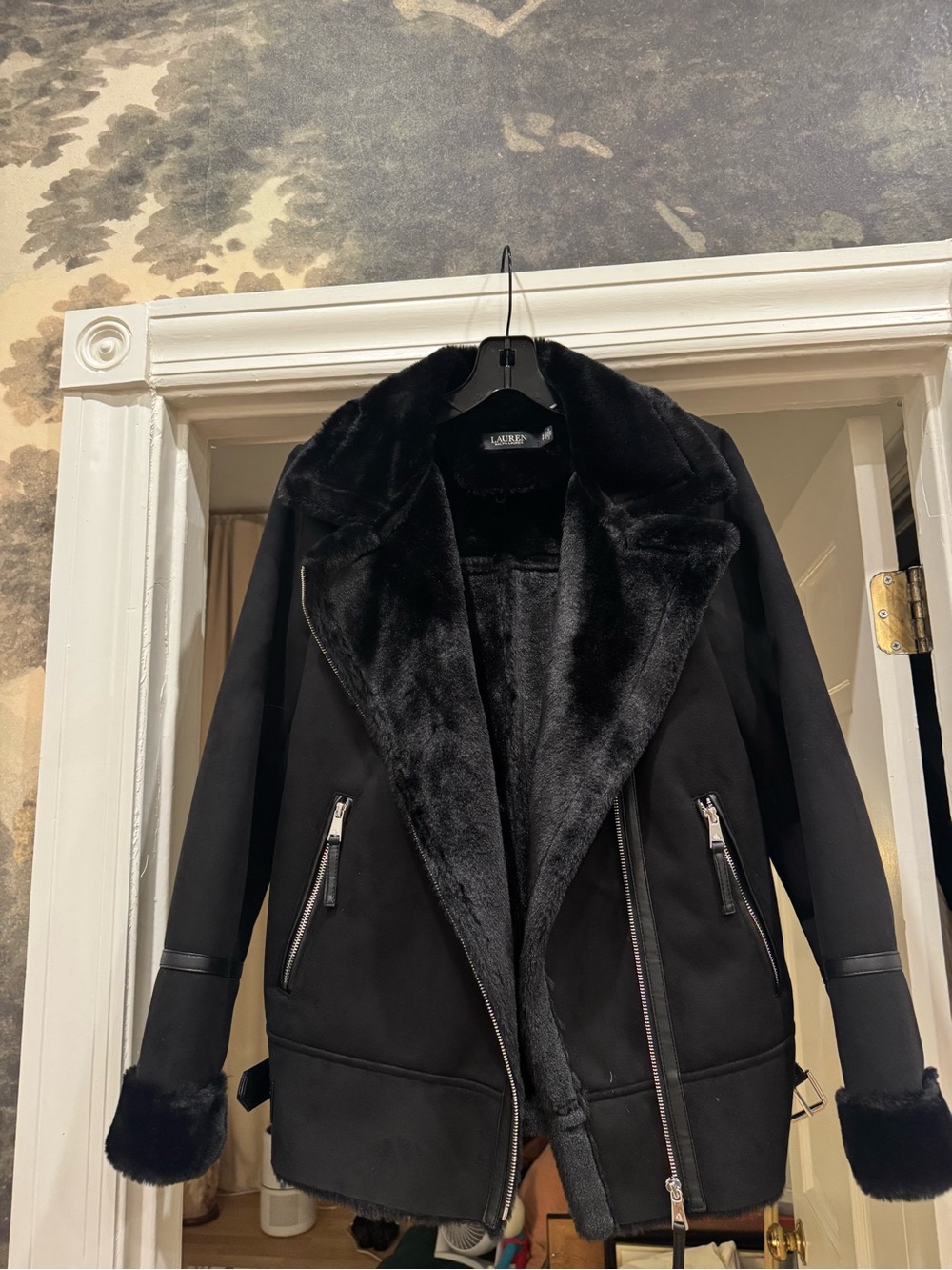 Black Faux-Fur Trim Moto Jacket by Ralph Lauren